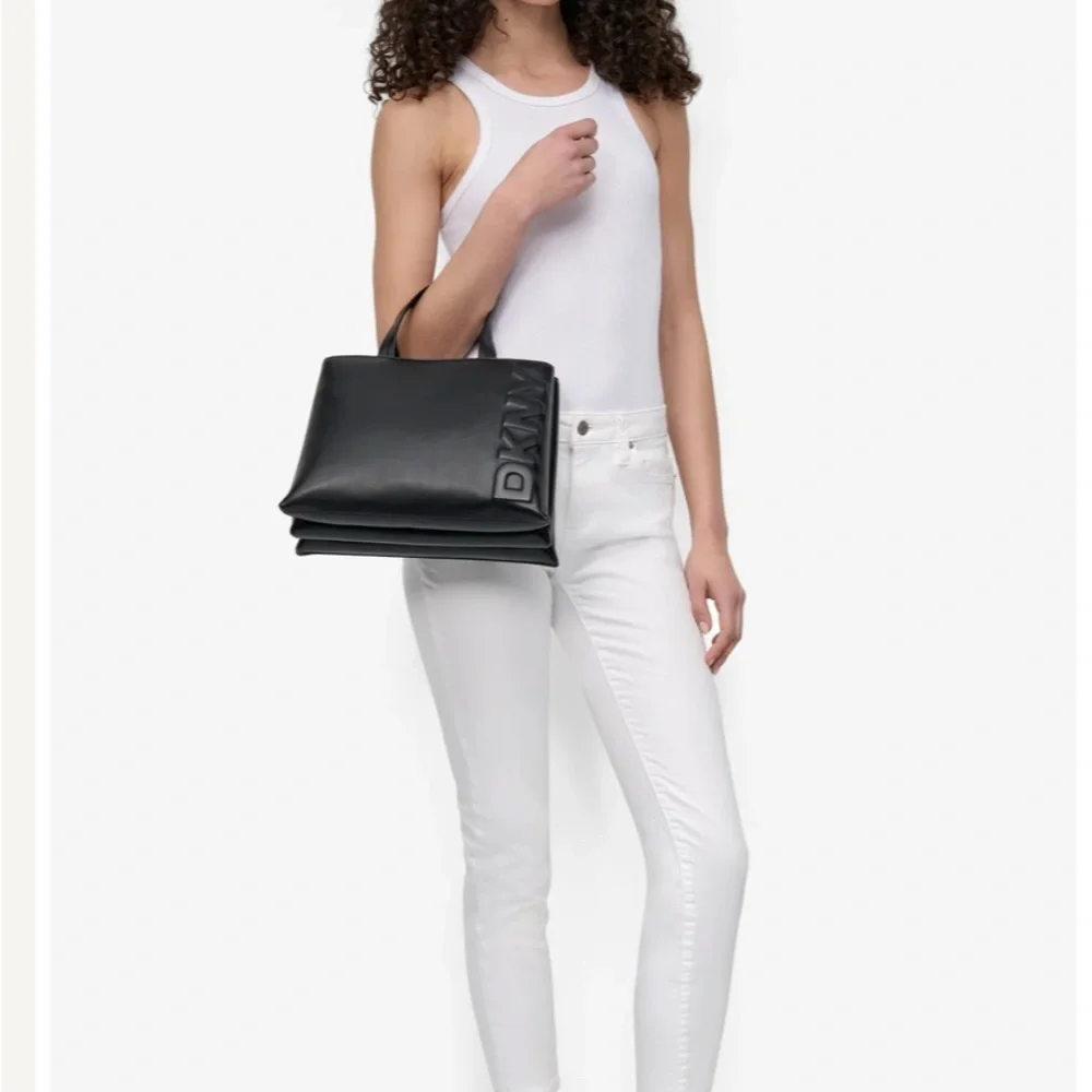 DKNY Tinsley Logo Embossed Medium Black Satchel/Crossbody Bag. NWT